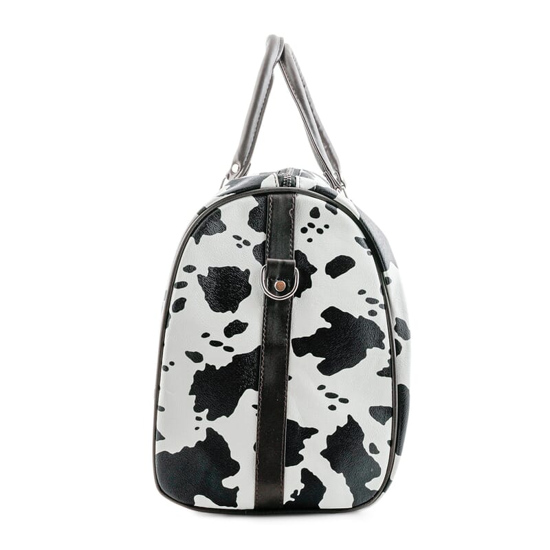 La Marey Black and White Cow Pattern Faux Leather Duffel Bag