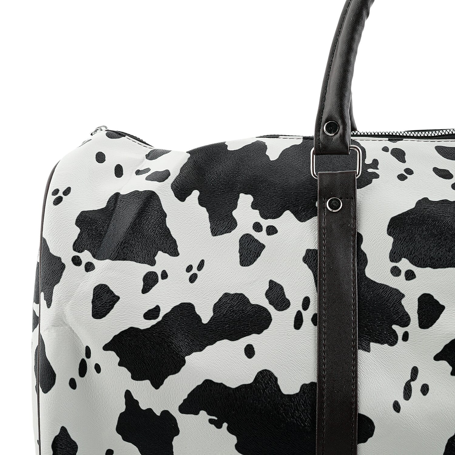 La Marey Black and White Cow Pattern Faux Leather Duffel Bag