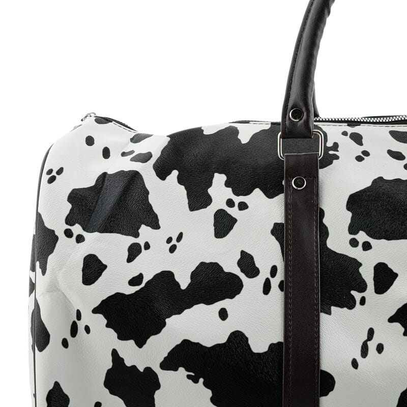 La Marey Black and White Cow Pattern Faux Leather Duffel Bag