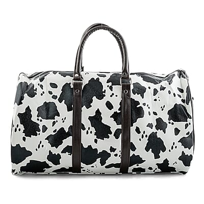 La Marey Black and White Cow Pattern Faux Leather Duffel Bag