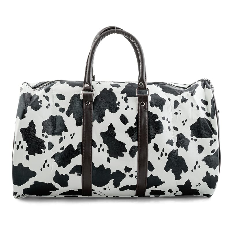 La Marey Black and White Cow Pattern Faux Leather Duffel Bag