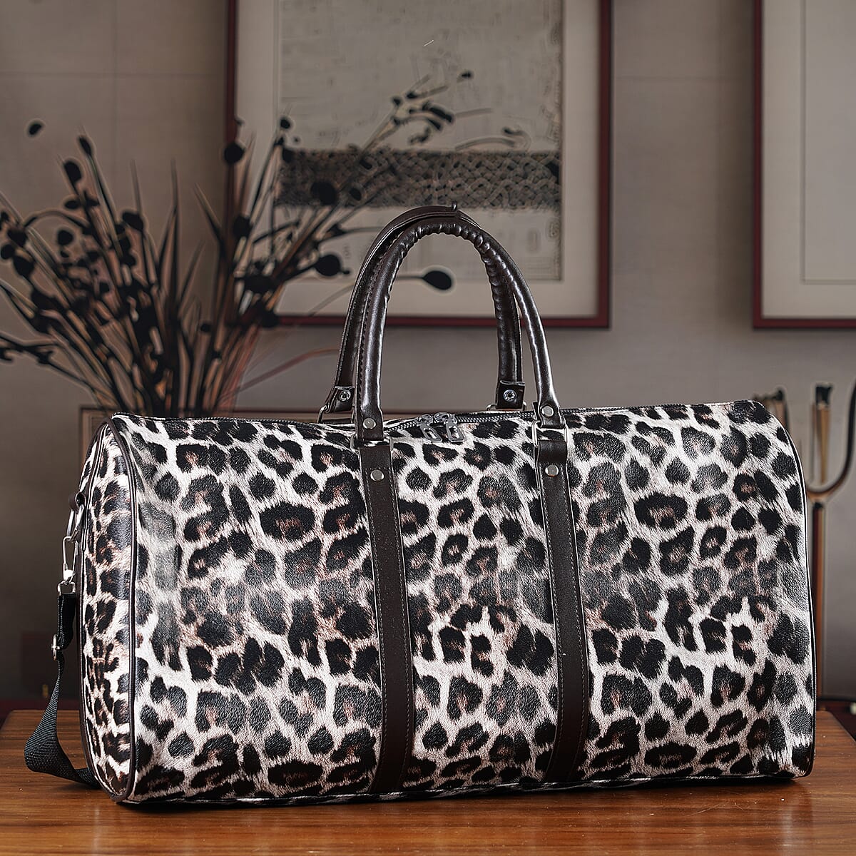 La Marey White with Black and Gray Leopard Print Faux Leather Duffel Bag image number 1