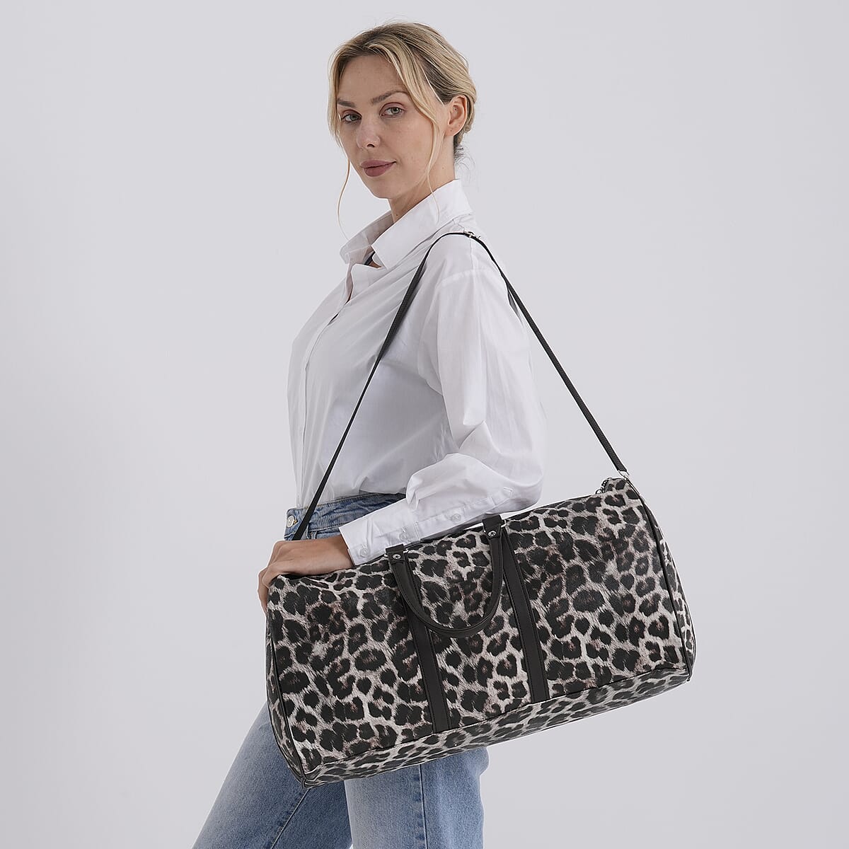 La Marey White with Black and Gray Leopard Print Faux Leather Duffel Bag image number 2