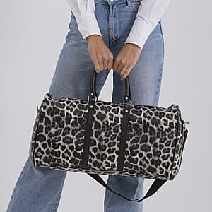La Marey White with Black and Gray Leopard Print Faux Leather Duffel Bag