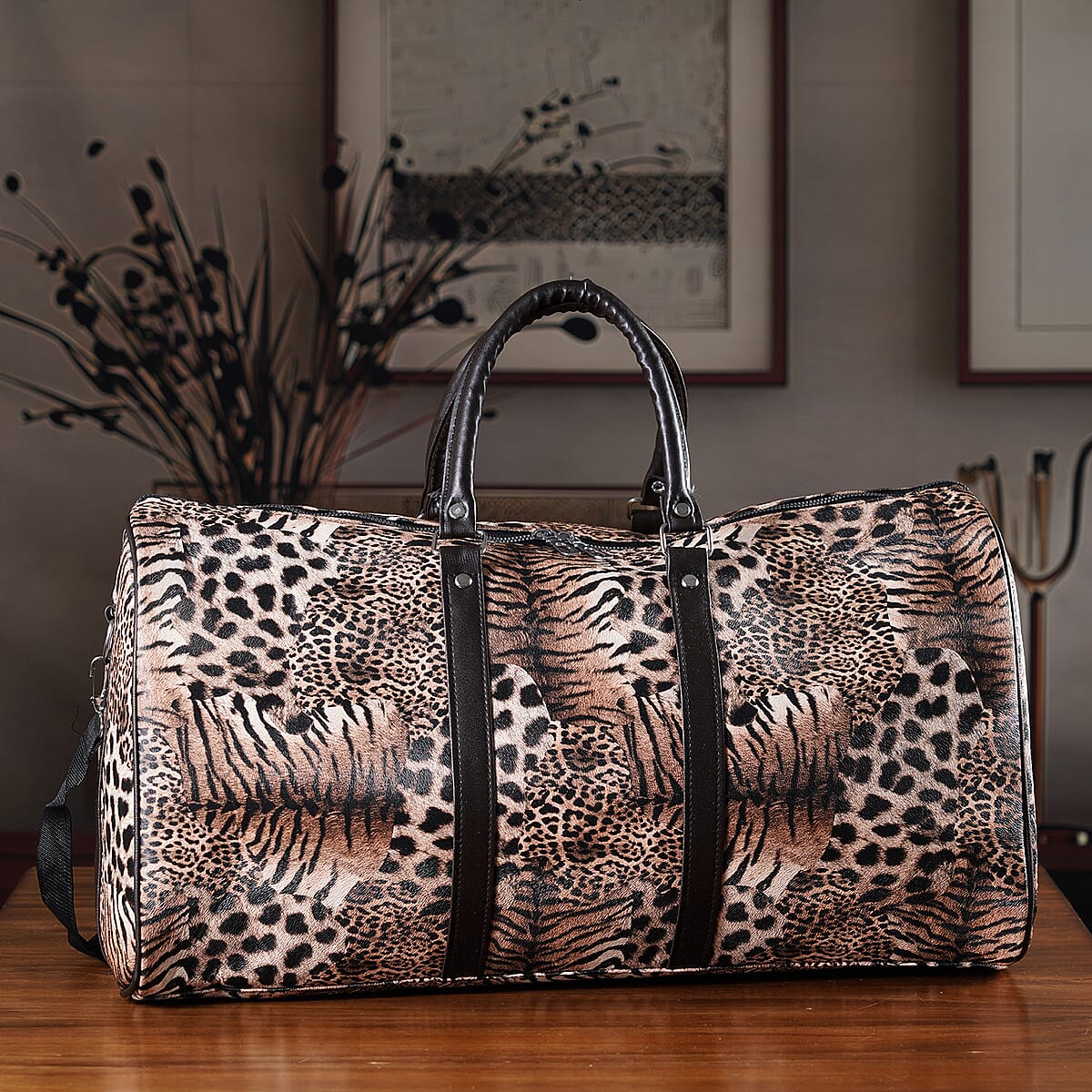La Marey Khaki Leopard Print Faux Leather Duffel Bag image number 1