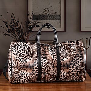 La Marey Khaki Leopard Print Faux Leather Duffel Bag