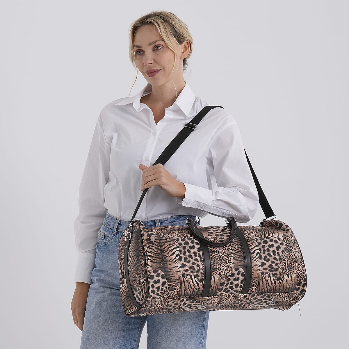 La Marey Khaki Leopard Print Faux Leather Duffel Bag image number 2