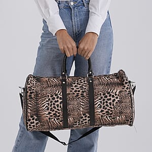 La Marey Khaki Leopard Print Faux Leather Duffel Bag