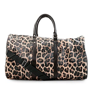 La Marey Beige with Black and Brown Leopard Print Faux Leather Duffel Bag