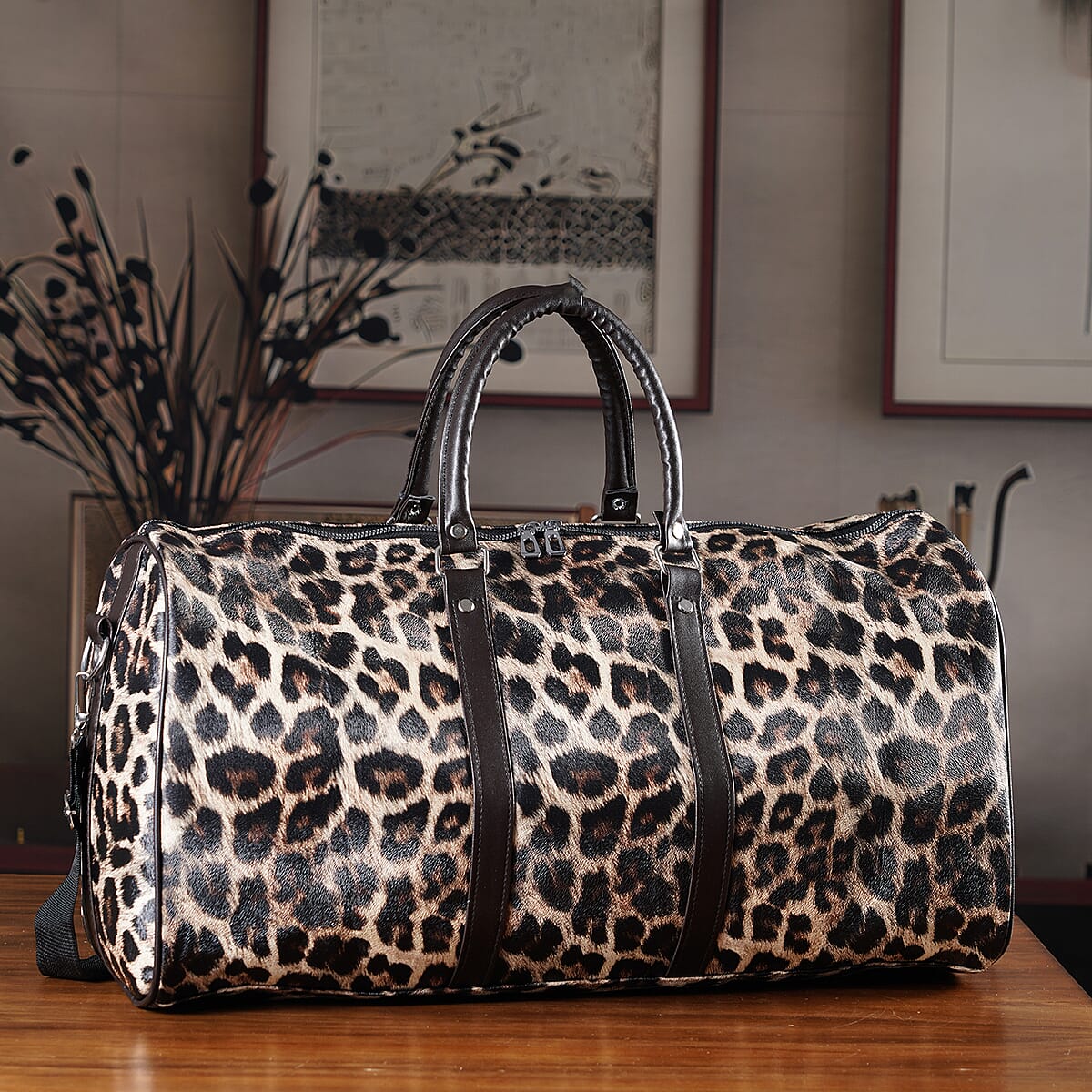 La Marey Beige with Black and Brown Leopard Print Faux Leather Duffel Bag image number 1