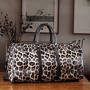 La Marey Beige with Black and Brown Leopard Print Faux Leather Duffel Bag