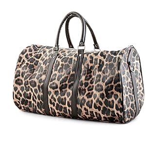 La Marey Beige with Black and Brown Leopard Print Faux Leather Duffel Bag