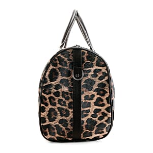 La Marey Beige with Black and Brown Leopard Print Faux Leather Duffel Bag