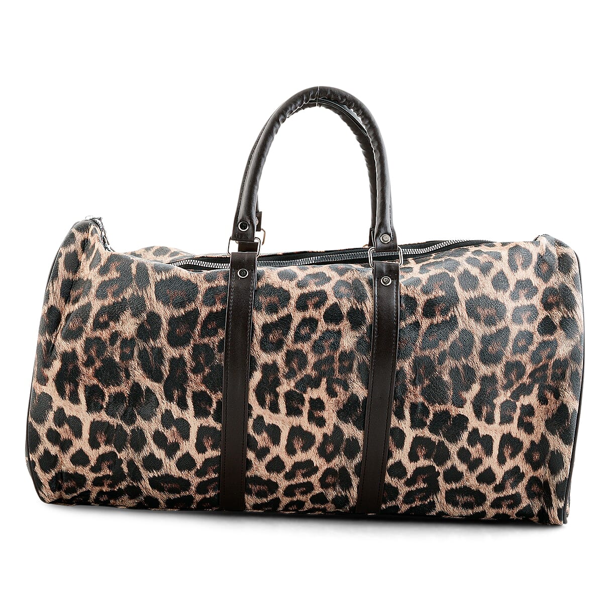 La Marey Beige with Black and Brown Leopard Print Faux Leather Duffel Bag image number 5