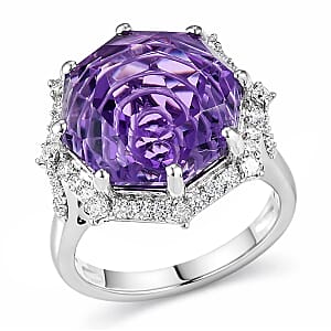 D'Joy African Amethyst and Moissanite 12.50 ctw Ring in Rhodium Over Sterling Silver (Size 10.0)