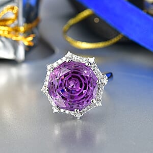 D'Joy African Amethyst and Moissanite 12.50 ctw Ring in Rhodium Over Sterling Silver (Size 10.0)