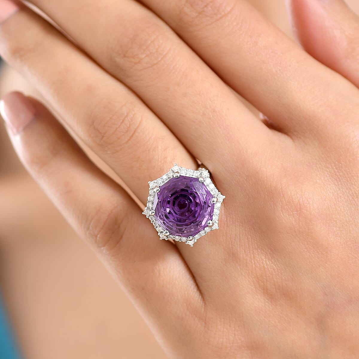 D'Joy Star Illusion Cut African Amethyst and Moissanite 12.50 ctw Ring in Rhodium Over Sterling Silver (Size 10.0) image number 2