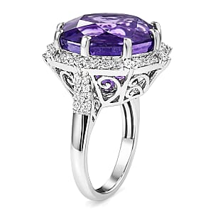 D'Joy African Amethyst and Moissanite 12.50 ctw Ring in Rhodium Over Sterling Silver (Size 10.0)
