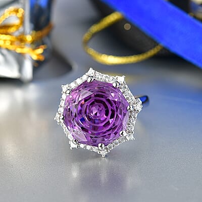 D'Joy Star Illusion Cut African Amethyst and Moissanite 12.50 ctw Ring in Rhodium Over Sterling Silver (Size 6.0)