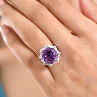 D'Joy Star Illusion Cut African Amethyst and Moissanite 12.50 ctw Ring in Rhodium Over Sterling Silver (Size 6.0)