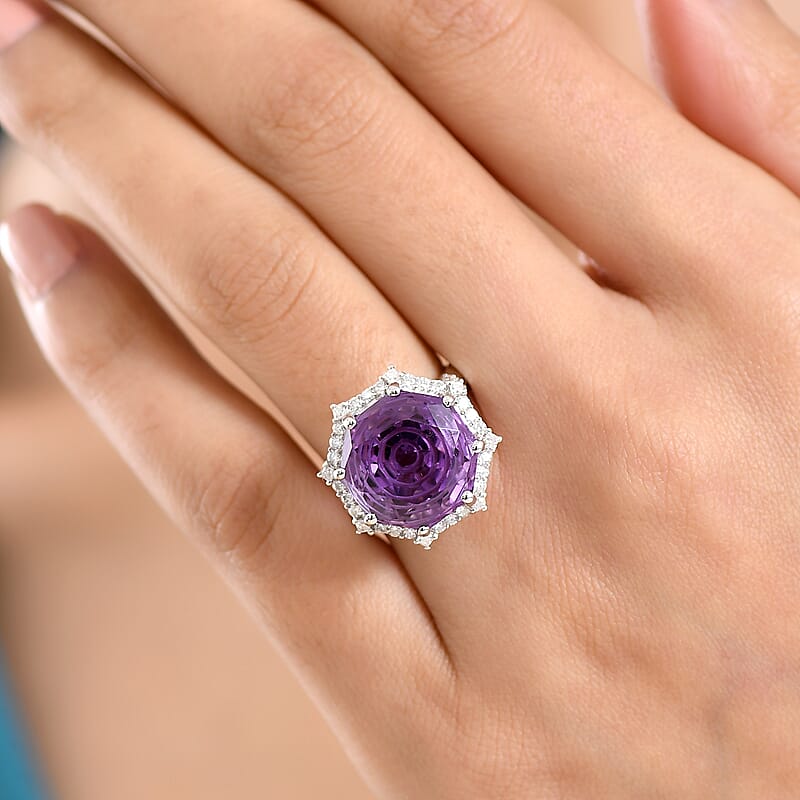 D'Joy Star Illusion Cut African Amethyst and Moissanite 12.50 ctw Ring in Rhodium Over Sterling Silver (Size 6.0)