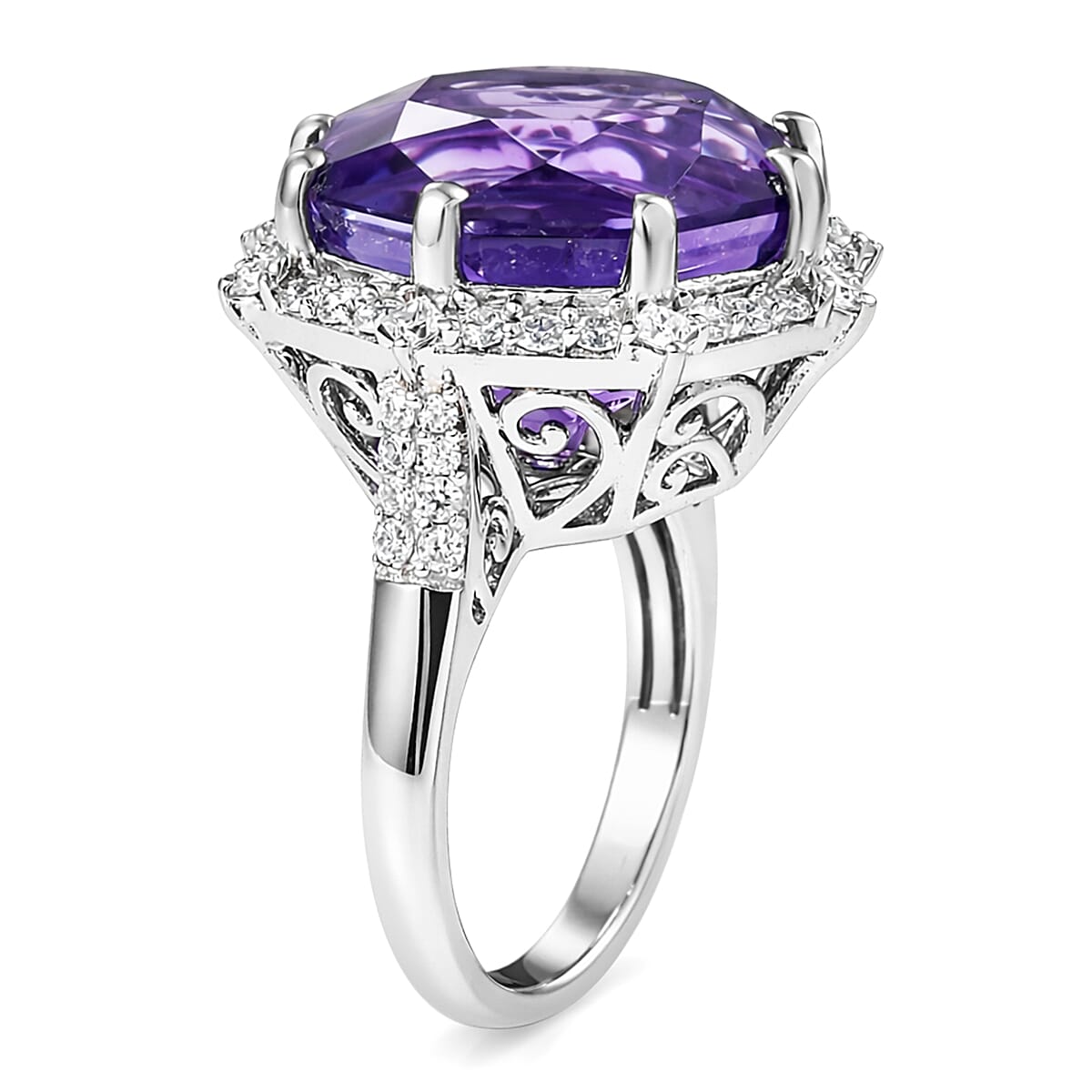 D'Joy African Amethyst and Moissanite 12.50 ctw Ring in Rhodium Over Sterling Silver (Size 8.0) image number 3