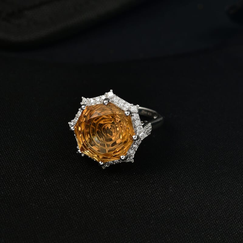 D'Joy Star Illusion Cut Brazilian Citrine and Moissanite 12.70 ctw Ring in Rhodium Over Sterling Silver (Size 10.0)