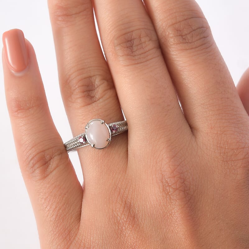 EverTrue Angelskin Pink Opal and Lotus Garnet 1.20 ctw Ring in Stainless Steel (Size 10.0)