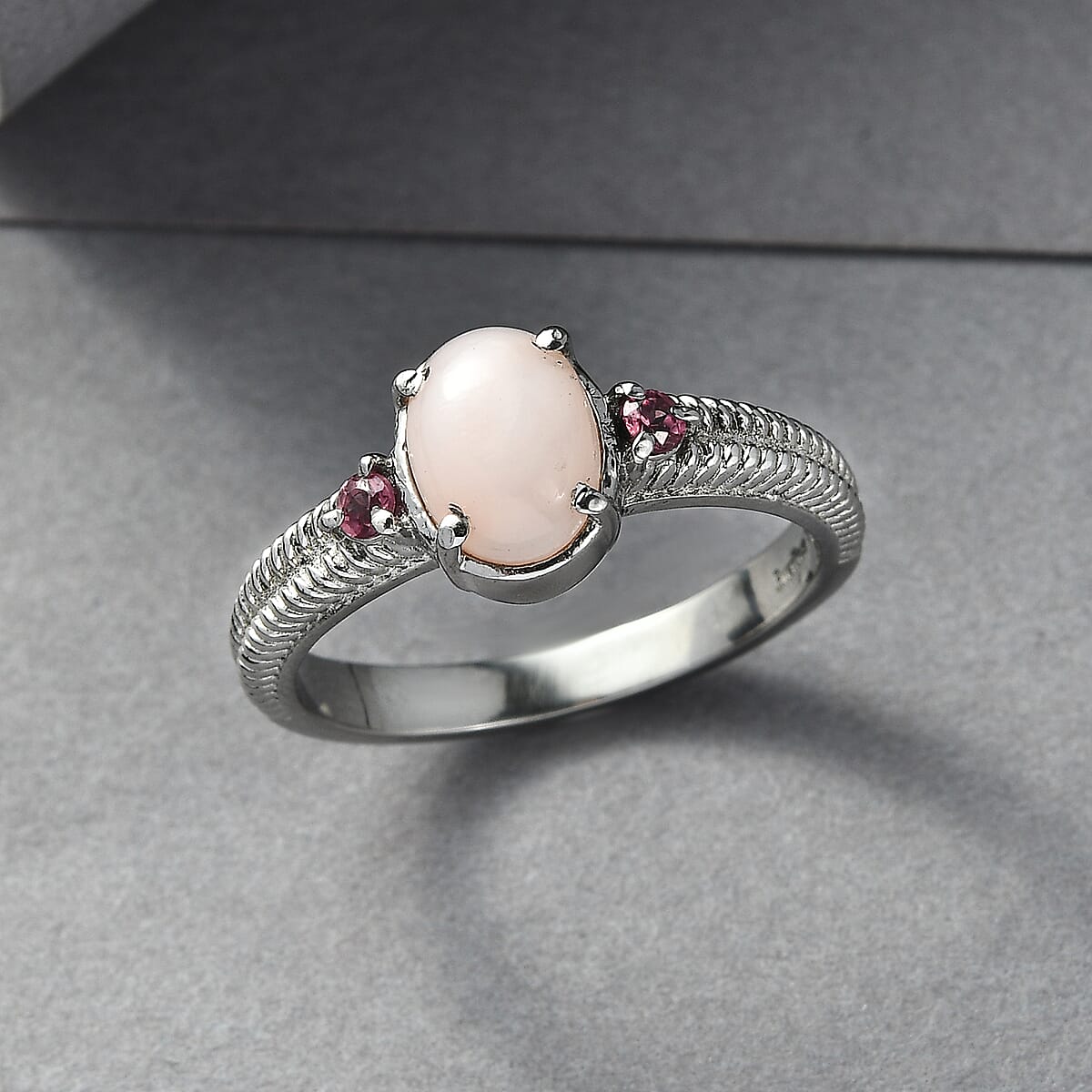 EverTrue Angelskin Pink Opal and Lotus Garnet 1.20 ctw Ring in Stainless Steel (Size 5.0) image number 1