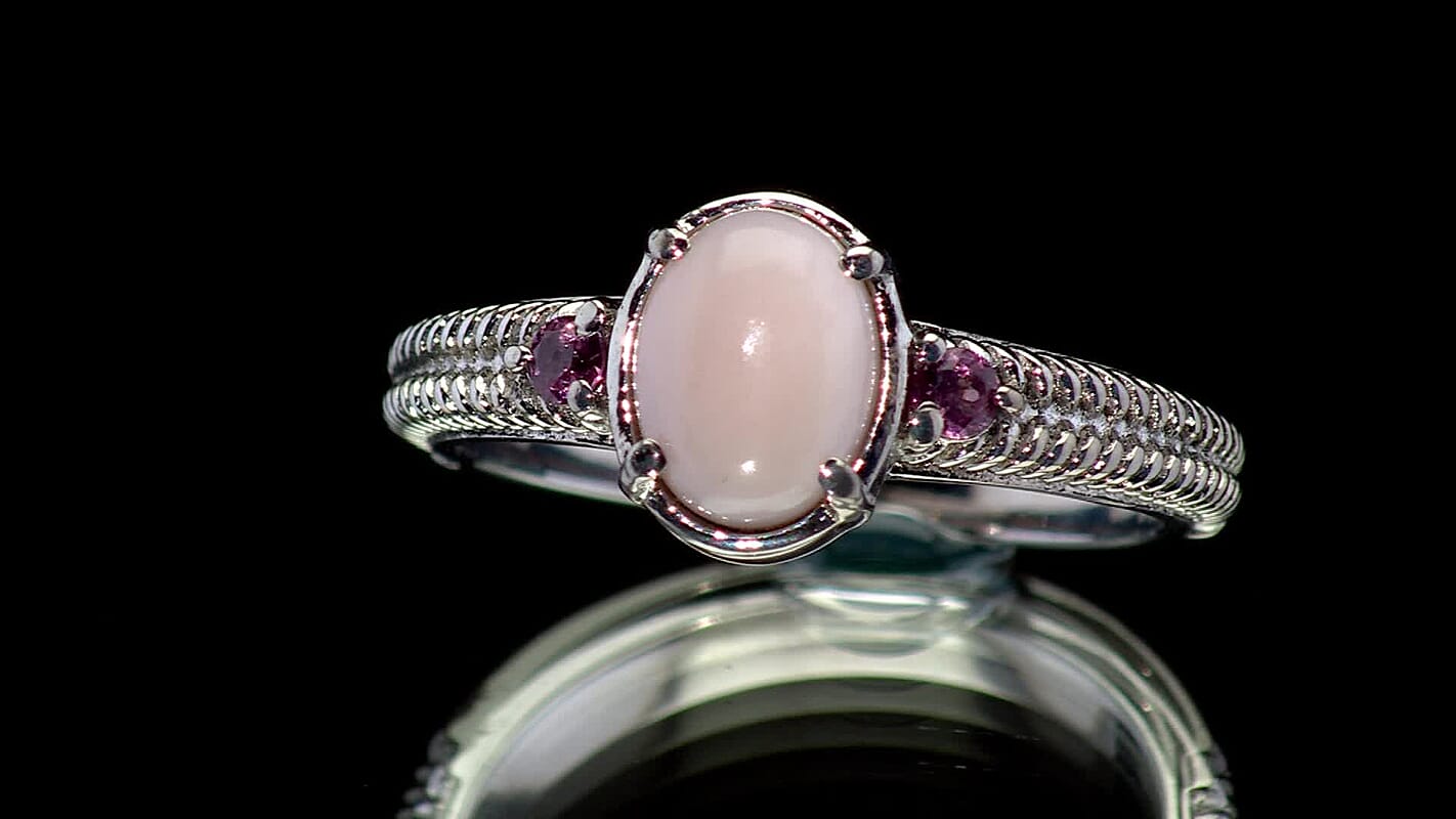 EverTrue Angelskin Pink Opal, Lotus Garnet Ring in Stainless Steel (Size 10.0) 1.20 ctw