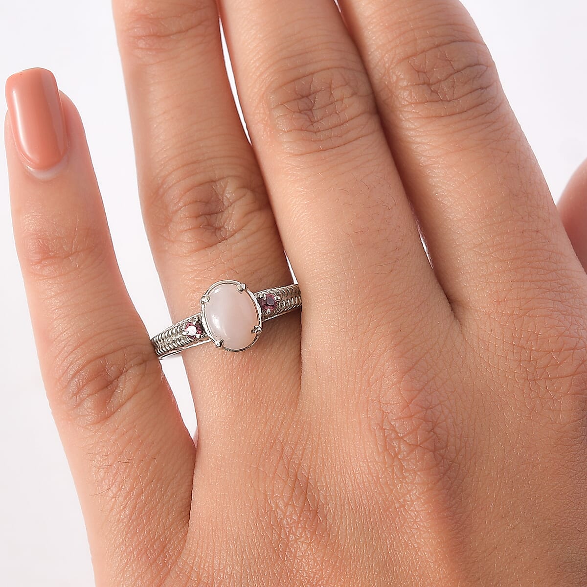 EverTrue Angelskin Pink Opal and Lotus Garnet 1.20 ctw Ring in Stainless Steel (Size 9.0) image number 2