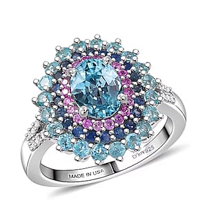 D'Joy Cambodian Blue Zircon, Multi Gemstone Ring in Rhodium Over Sterling Silver 3.75 ctw (Size 10.0)