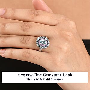 D'Joy Cambodian Blue Zircon, Multi Gemstone Ring in Rhodium Over Sterling Silver 3.75 ctw (Size 10.0)