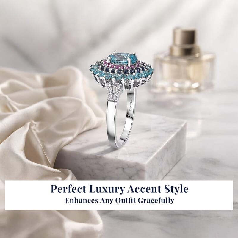 D'Joy Cambodian Blue Zircon, Multi Gemstone Ring in Rhodium Over Sterling Silver 3.75 ctw (Size 10.0)