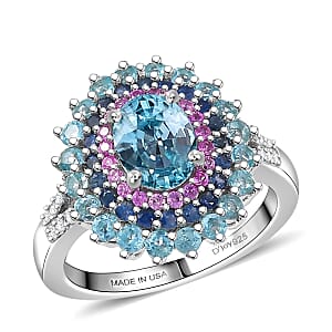 D'Joy Premium Cambodian Blue Zircon and Multi Gemstone 3.75 ctw Ring in Rhodium Over Sterling Silver (Size 7.0)