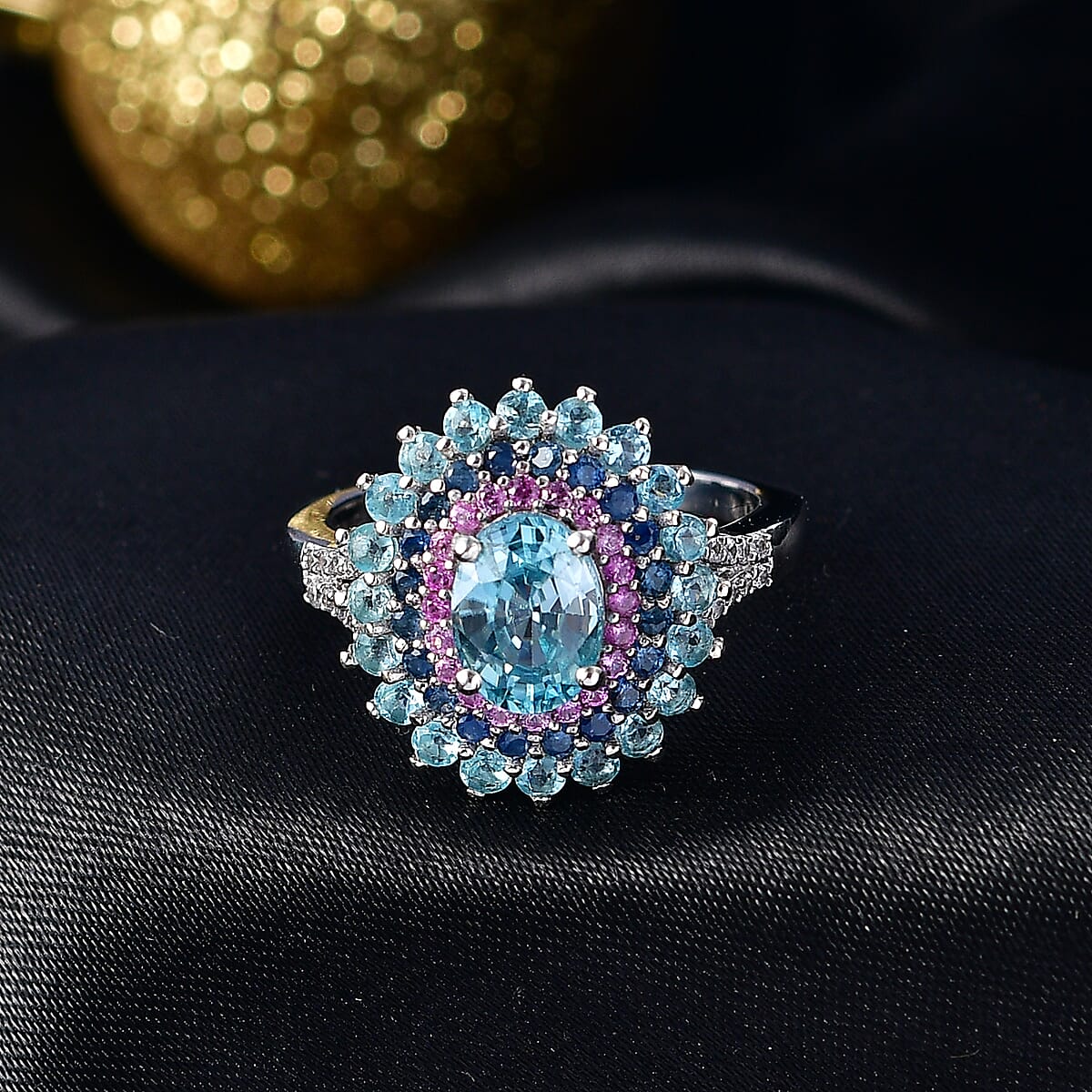 D'Joy Premium Cambodian Blue Zircon and Multi Gemstone 3.75 ctw Ring in Rhodium Over Sterling Silver (Size 7.0) image number 1