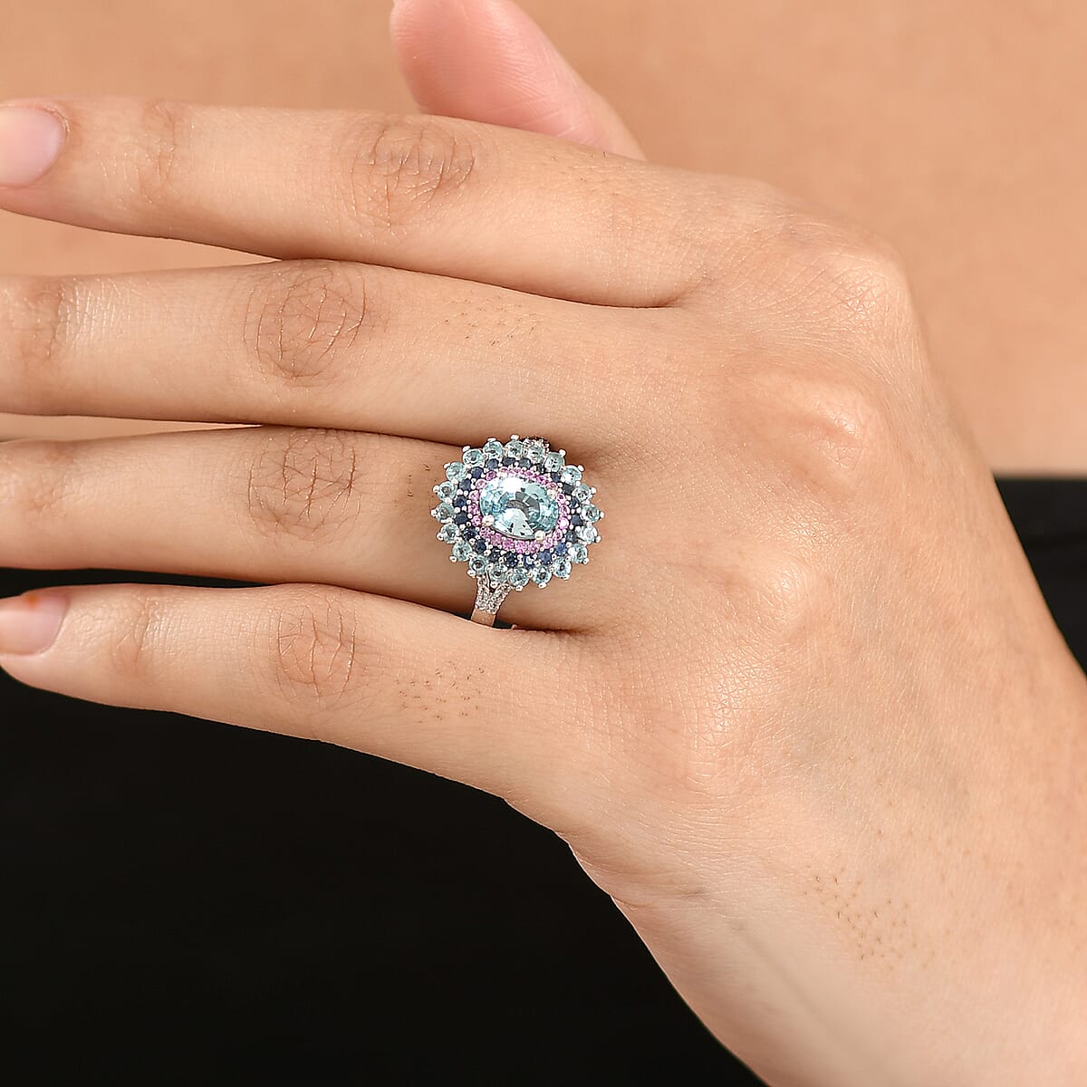 D'Joy Premium Cambodian Blue Zircon and Multi Gemstone 3.75 ctw Ring in Rhodium Over Sterling Silver (Size 7.0) image number 2