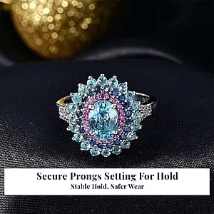 D'Joy Cambodian Blue Zircon, Multi Gemstone Ring in Rhodium Over Sterling Silver 3.75 ctw (Size 7.0)
