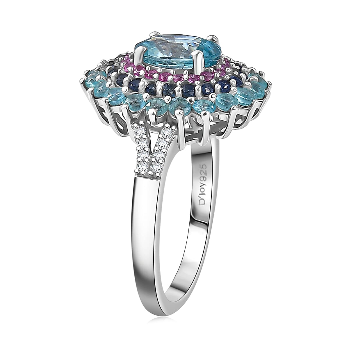 D'Joy Premium Cambodian Blue Zircon and Multi Gemstone 3.75 ctw Ring in Rhodium Over Sterling Silver (Size 7.0) image number 3