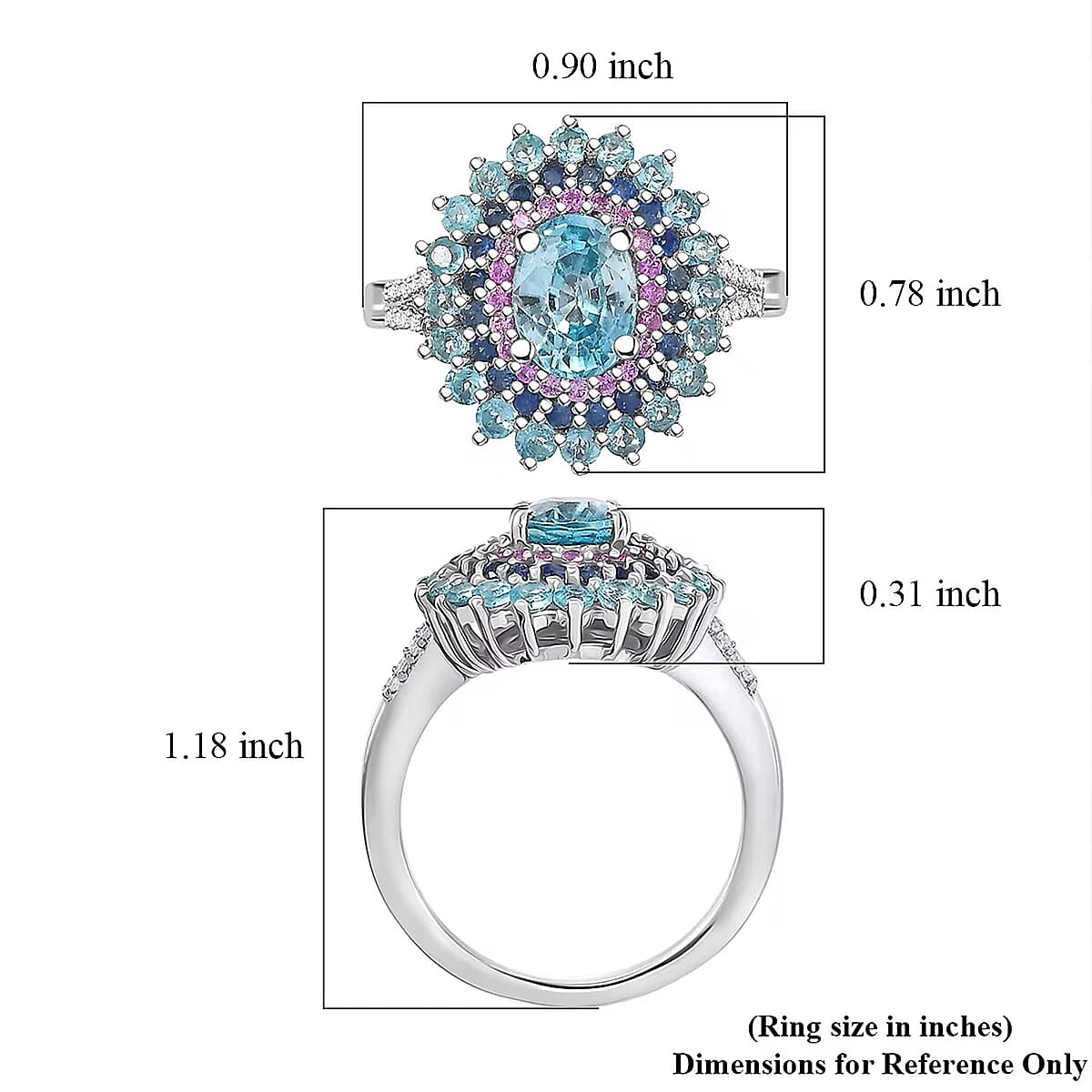 D'Joy Cambodian Blue Zircon, Multi Gemstone Ring in Rhodium Over Sterling Silver 3.75 ctw (Size 9.0) image number 6