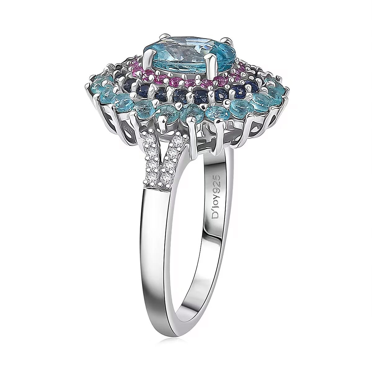 D'Joy Cambodian Blue Zircon, Multi Gemstone Ring in Rhodium Over Sterling Silver 3.75 ctw (Size 9.0) image number 7