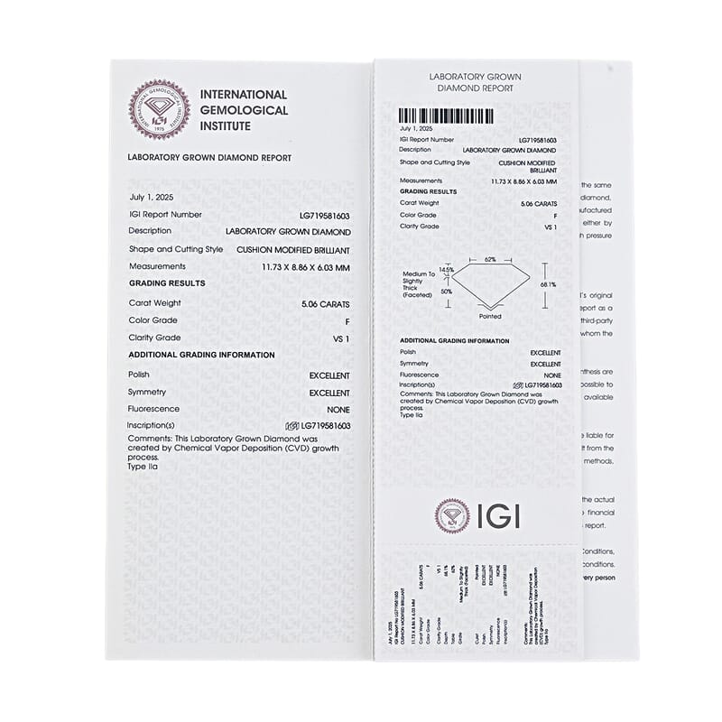 IGI Certified Luxuriant Lab Grown Diamond (Cush) (G, VS2) 5.00 ctw