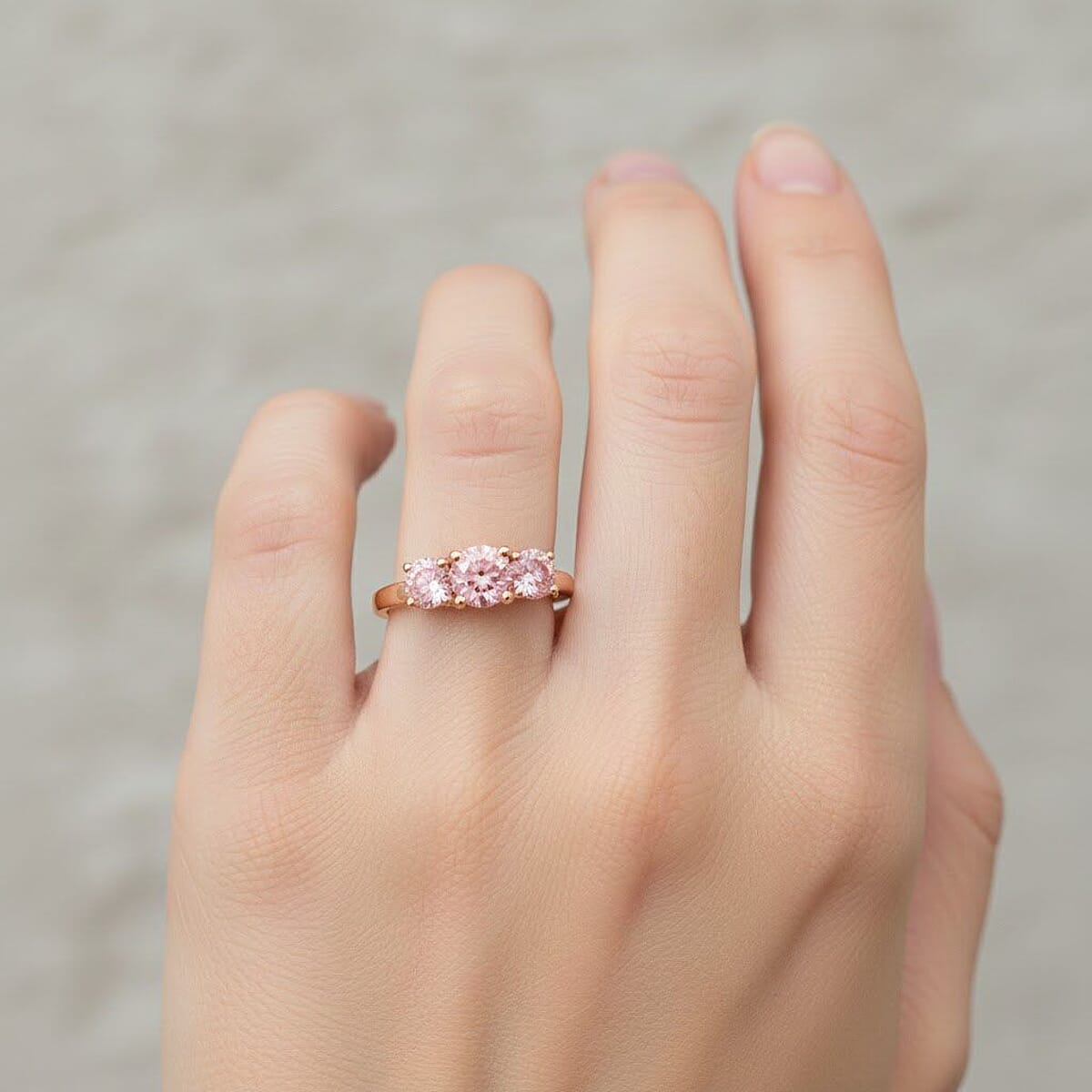 Doorbuster Luxuriant Lab Grown Pink Diamond (IR) VS1 2.00 ctw Trinity Ring in 14K Rose Gold (Size 9.0) image number 2