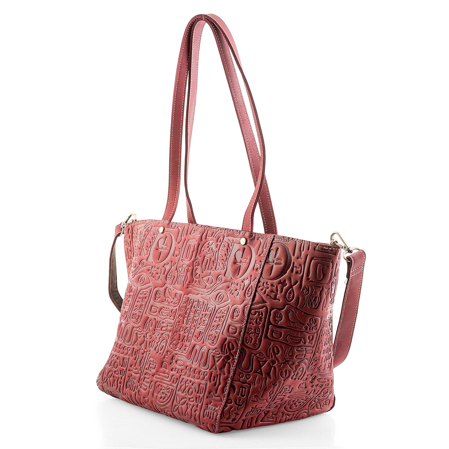 La Marey Burgundy Genuine Leather Ancient Egyptian Hieroglyphs Crossbody Bag with Shoulder Strap