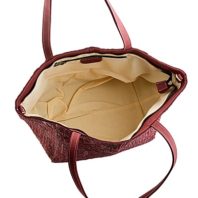 La Marey Burgundy Genuine Leather Ancient Egyptian Hieroglyphs Crossbody Bag with Shoulder Strap