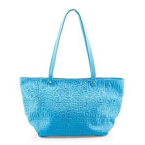 La Marey Blue Genuine Leather Ancient Egyptian Hieroglyphs Crossbody Bag with Shoulder Strap