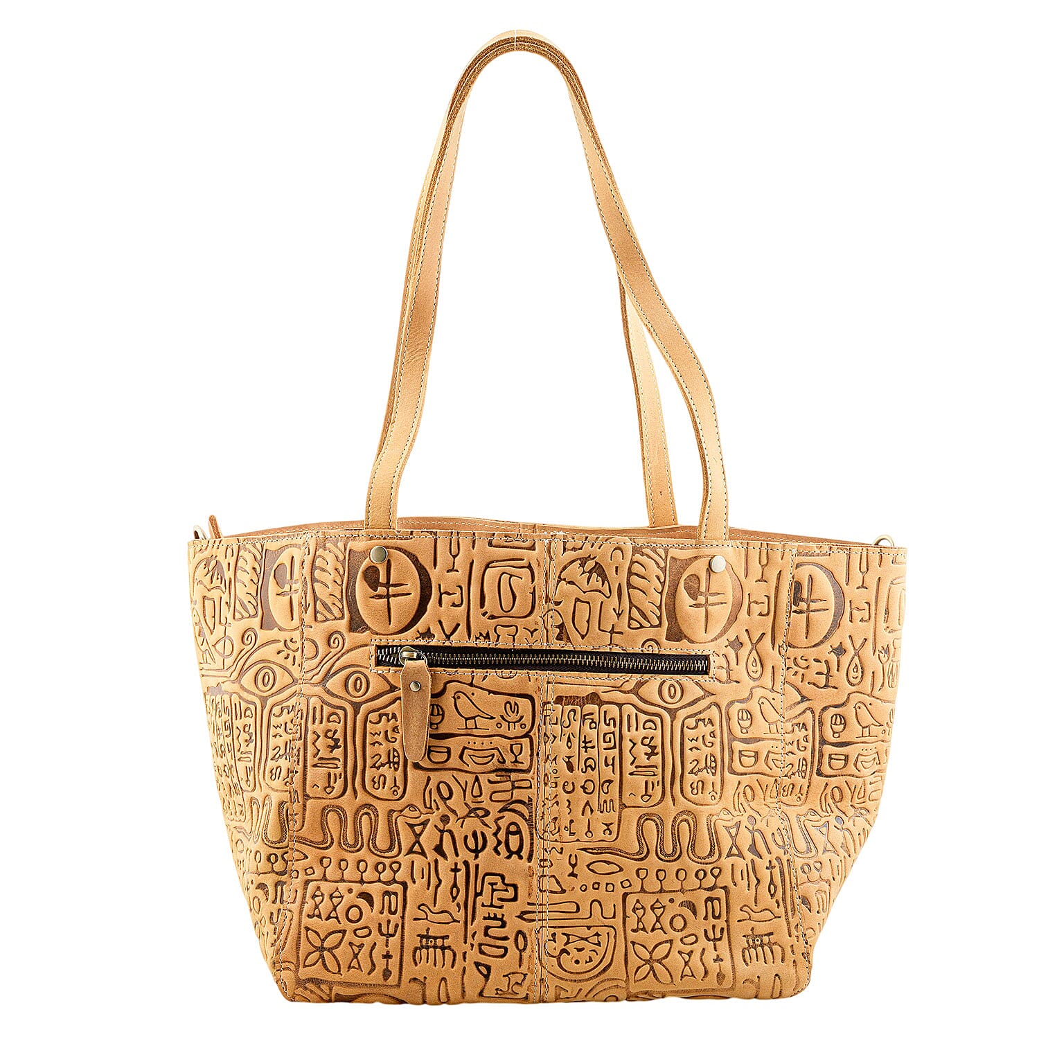 La Marey Khaki Genuine Leather Ancient Egyptian Hieroglyphs Crossbody Bag with Shoulder Strap