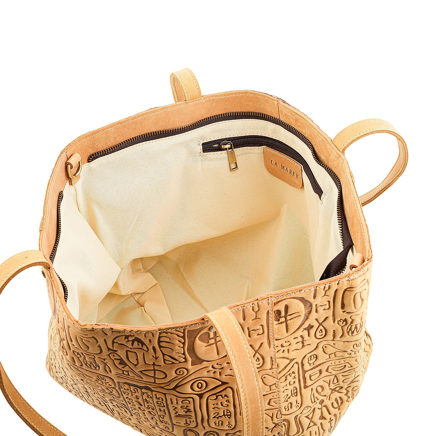 La Marey Khaki Genuine Leather Ancient Egyptian Hieroglyphs Crossbody Bag with Shoulder Strap