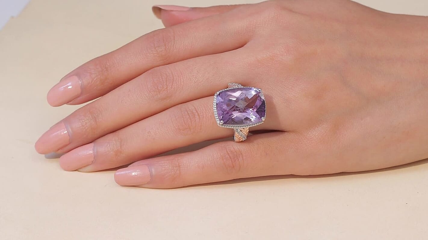 EverTrue Rose De France Amethyst, White Zircon Ring in 18K RG Plated and Platinum Bond (Size 8.0) 20.60 ctw