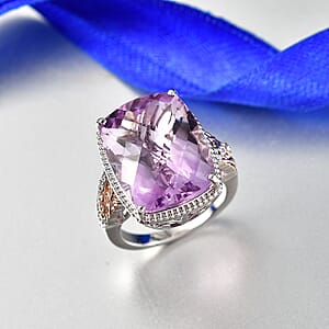 EverTrue Rose De France Amethyst and White Zircon 20.60 ctw Ring in 18K RG Plated and Platinum Bond (Size 10.0)
